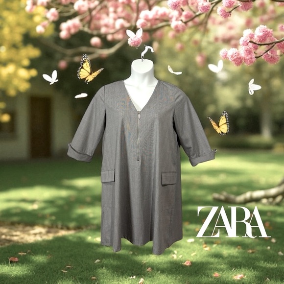 Zara Dresses & Skirts - Zara, Checked Dress With Zipper And Pockets, Large, Gray